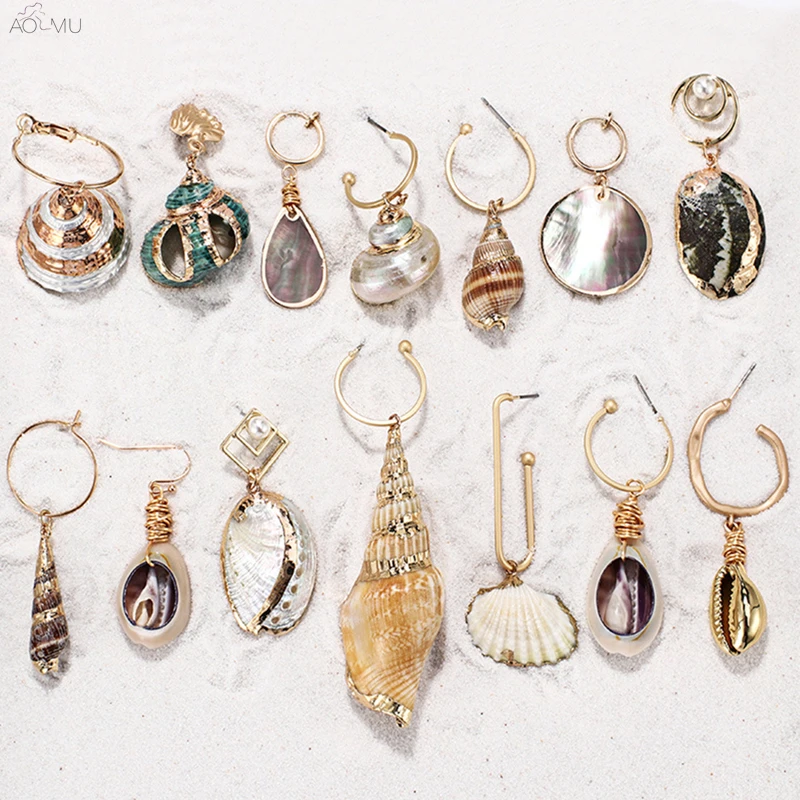 AOMU, модные матовые серьги-гвоздики в виде морской раковины, морской звезды, жемчужные геометрические капли, круглые серьги-гвоздики для женщин, океанские пляжные ювелирные изделия