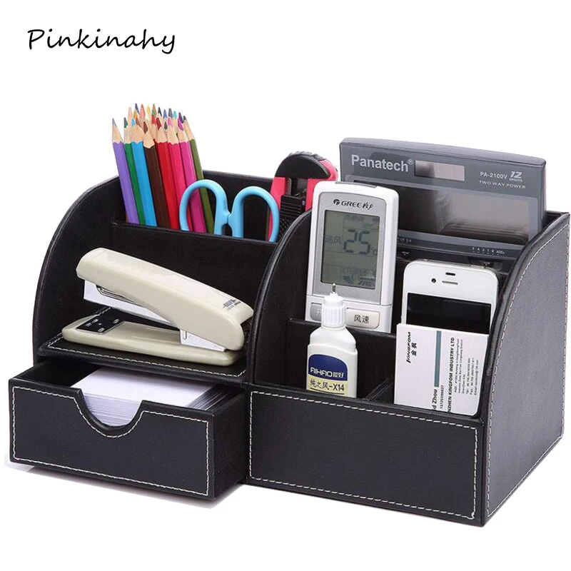 Large Pen Holder Multifunctional PU Leather Office Desk Organizer