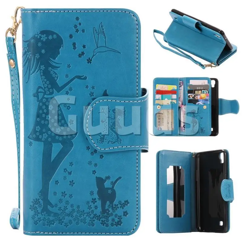 Embossing Cat Girl 9 Card Leather Wallet Case for LG X Power LS755 K220DS K220 US610 K450 - Blue