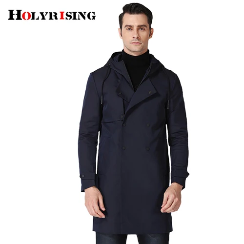 Holyrising мужской Тренч с отложным воротником Masculino роскошное длинное пальто Тренч свободного покроя на молнии с капюшоном ветровка M-3XL 18785-5 - Цвет: Navy Blue