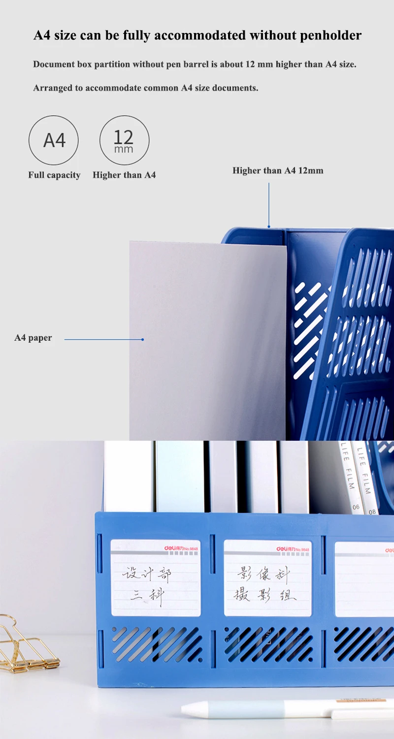 Deli 78981 пластиковая коробка для документов с подставкой для ручек, корзина для файлов, лоток для документов, синий, черный, серый цвета на выбор
