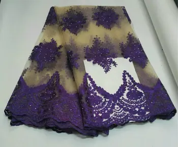 

2017 Elegant Purple Elastic French Tulle Laces Fabric for African Wedding with rhinestones party dress 5yards/lot LY1413
