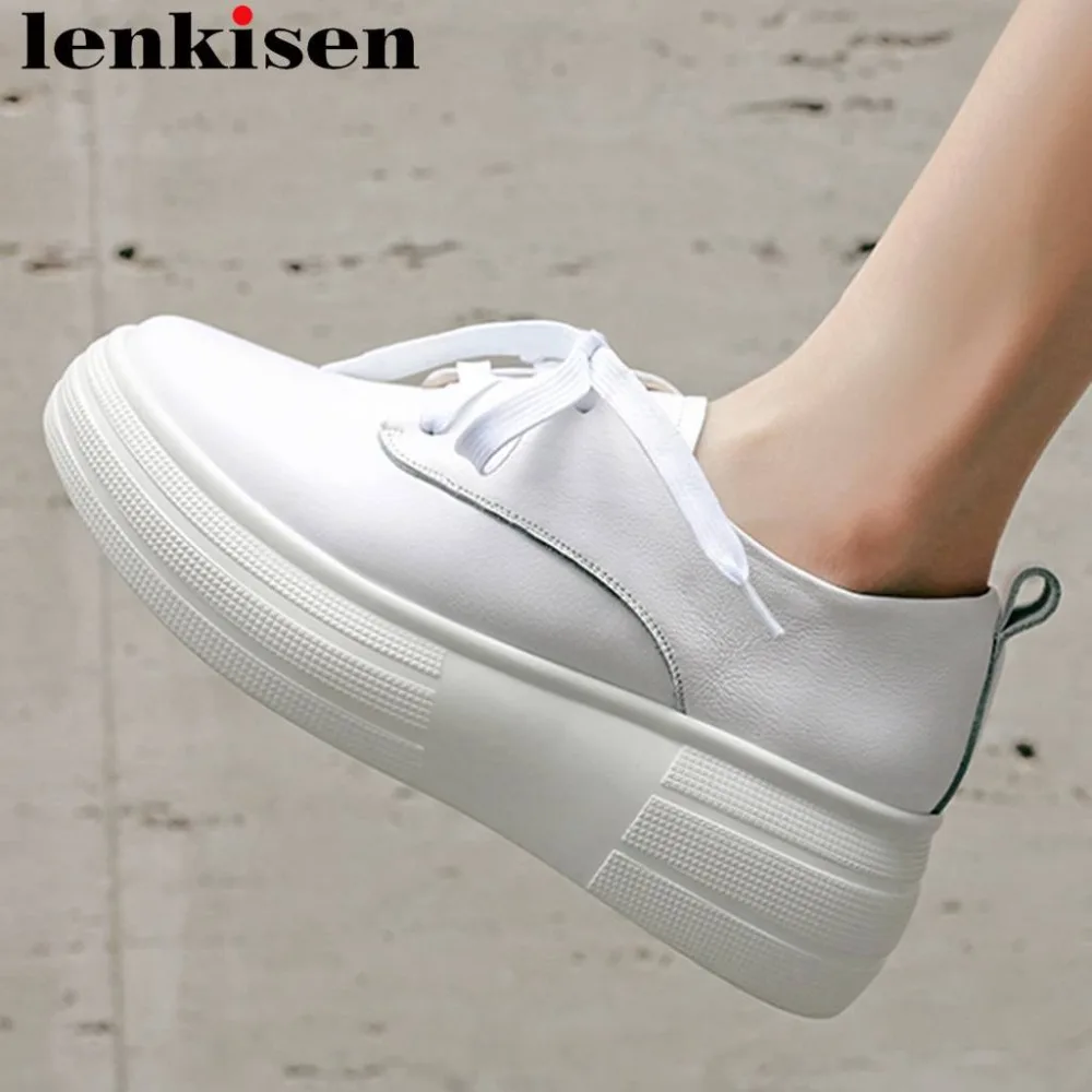 

Lenkisen concise style high bottom round toe lace up big size cow leather sneakers black white casual wear vulcanized shoes L1f4