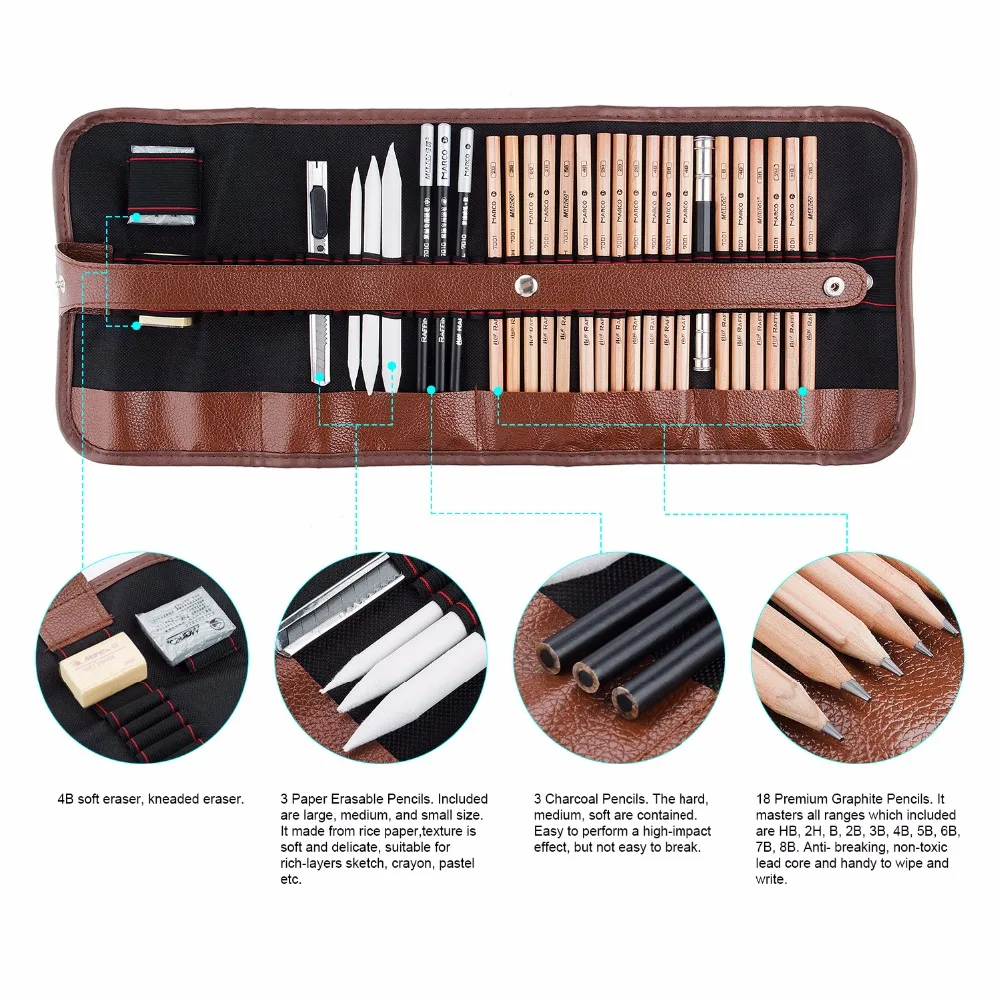 Online Marco 29 PCS Professionelle Skizze   Zeichnung Kunst Tool Kit Mit Graphit Bleistifte, Holzkohle Bleistifte, papier Löschbaren Stift, Handwerk Messer