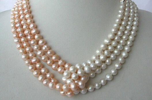 

RHJ0073 classic 4rows 6-7mm round white pink freshwater cultured pearl necklace