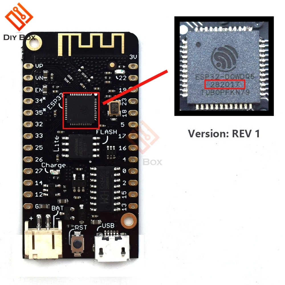 

Wifi Bluetooth Development Board Moudle Antenna ESP32 ESP-32 REV1 CH340 CH340G MicroPython Micro USB Lithium Battery Interface