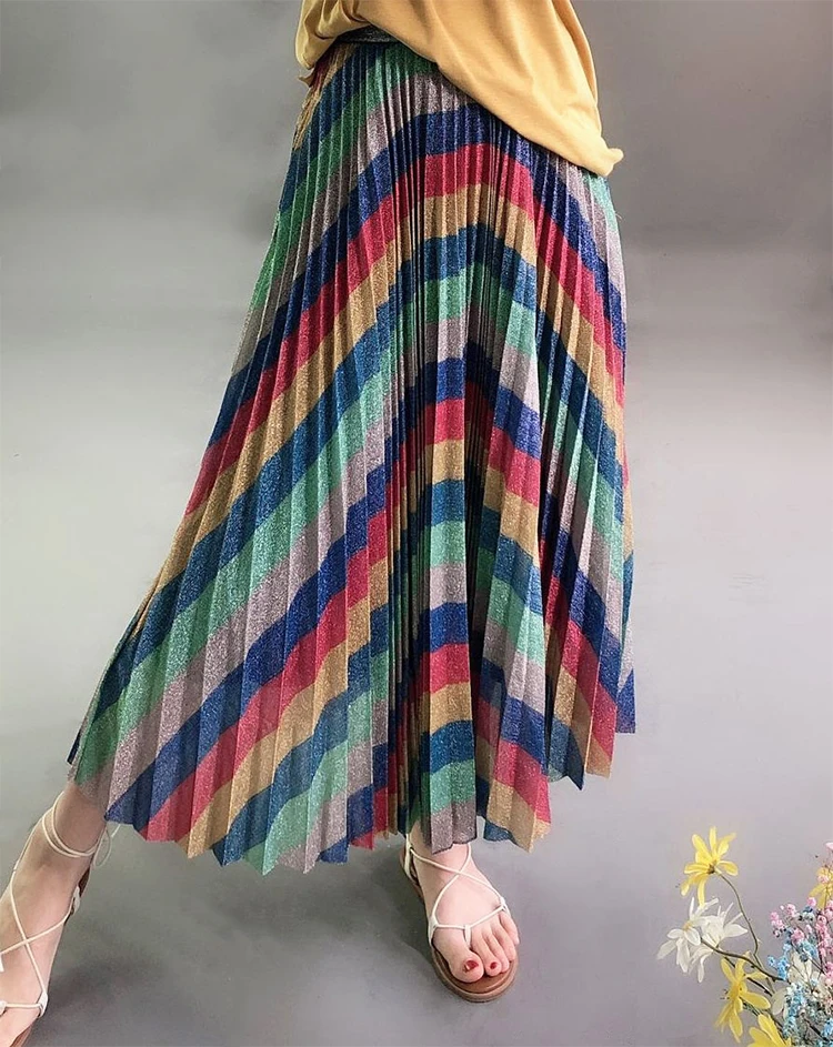Qooth Летняя женская элегантная плиссированная юбка из ткани с блестками, эластичная резинка на талии, радужная цветная полосатая макси юбка, Женская Осенняя юбка QH1916