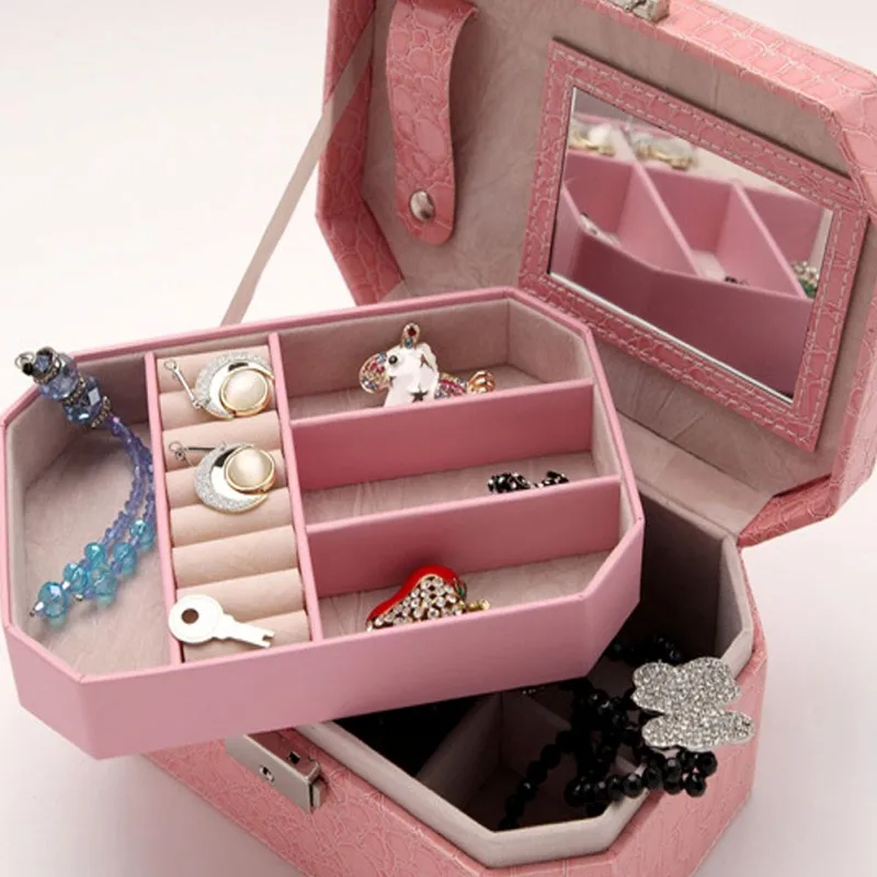 

Jewelry Box Organizer PU Leather Double Layers with Mirror jewelry Dispplay Holder Drop Shipping boite a bijoux