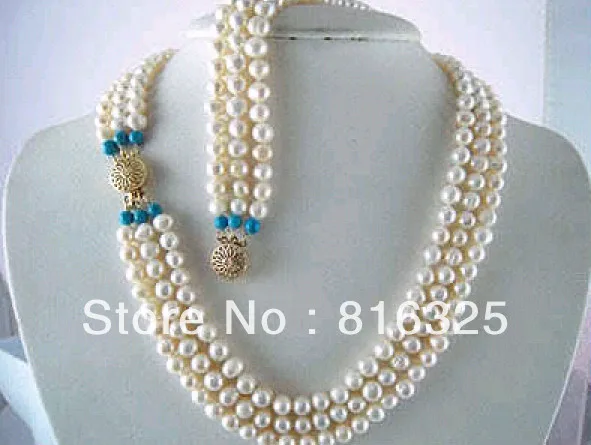 

FREE SHIPPING7-8MM 3 row WHITE FW PEARL NECKLACE +BRACELET SET hot