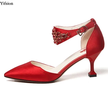 

Olomm New Women Rhinestone Pumps Sexy Thin High Heels Pumps Nice Pointed Toe Gorgeous Red Wedding Shoes Women US Size 4-8.5