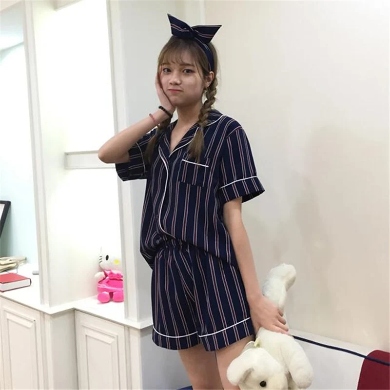 KISBINI Summer Women Pajamas Set Imitation Silk Stripe Short Sleeve Shirt+Shorts Handband 3PC Nightwear Women's Homewear Pyjamas