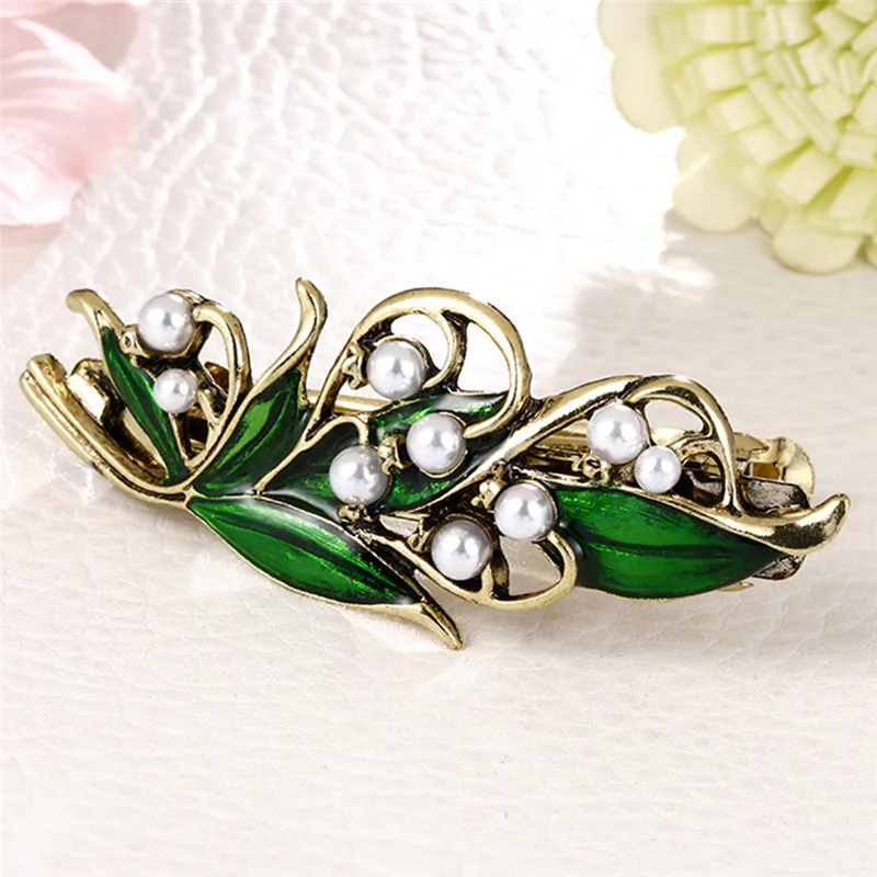 Exquisite Elegant Retro Enamel Green Leaf Pearl Hair Clip Clamp Hairpin Women Girls Hair Accessories hair accessory hair clip pearl hairpins