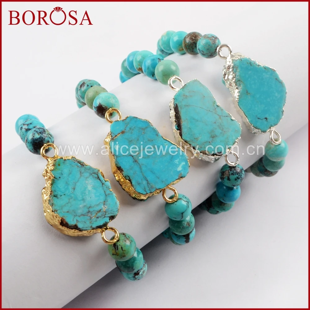 

BOROSA 2/3PCS Gold/Silver Color Natural Turquoises Slice With 8mm Blue Howlite Beads Bracelets Jewelry Gifts for Women 1625