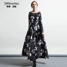 2017 autumn dress women’s long-sleeve black gauze patchwork one-piece dress Ladies plus size slim print vintage dress female