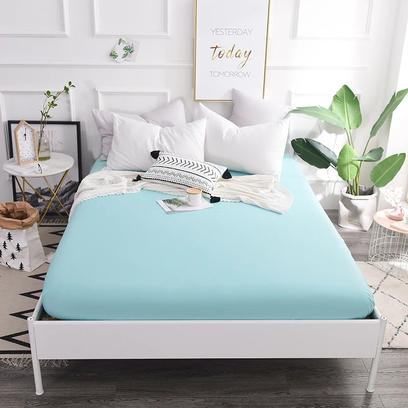 Modern Style Aqua Blue Solid Color Fitted Sheet Cotton