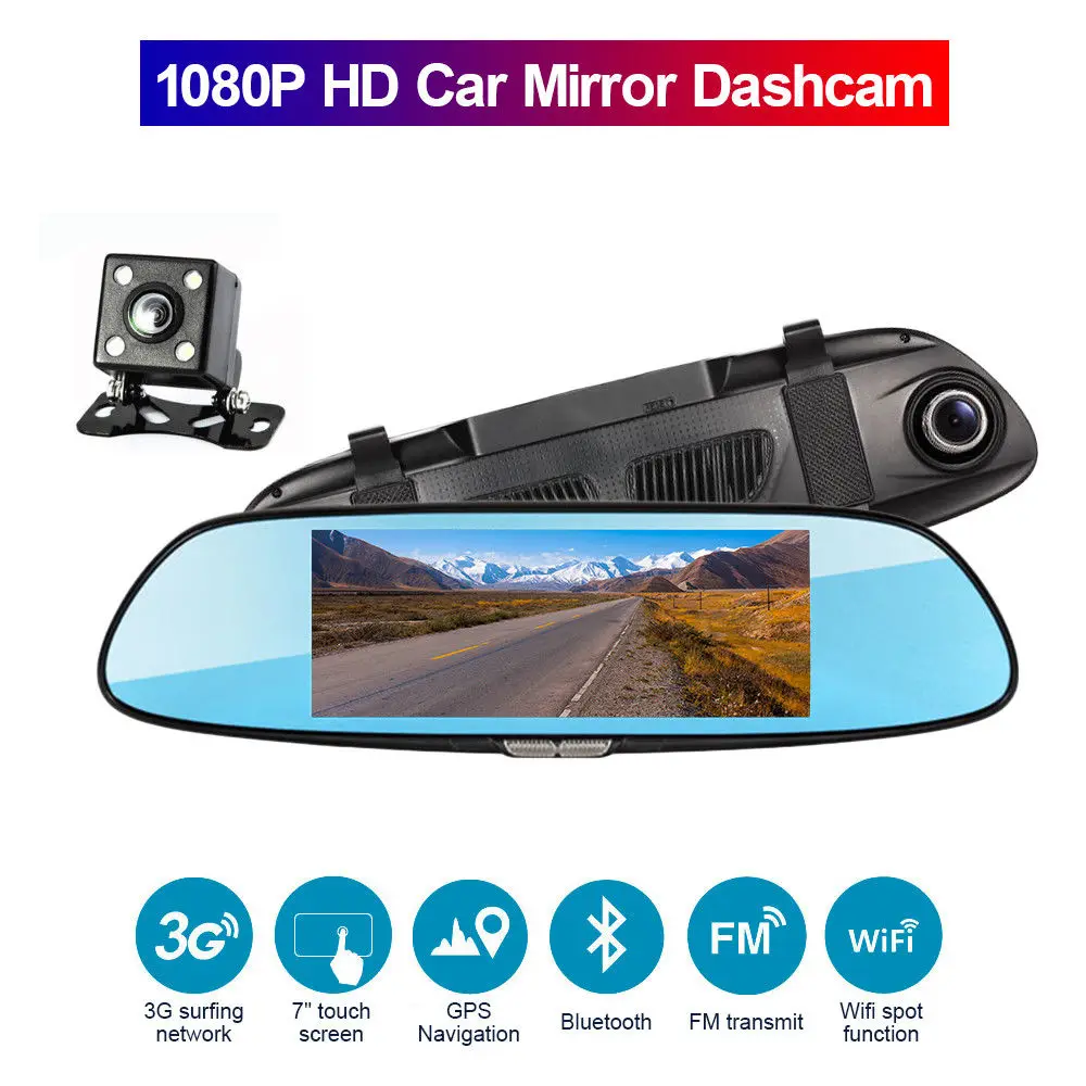 

Blueskysea 7"Touch Screen WIFI Car Rearview Mirror DVR Dual Lens Video Camera 1080P AVI Night Vision GPS Navigation Dash Cam