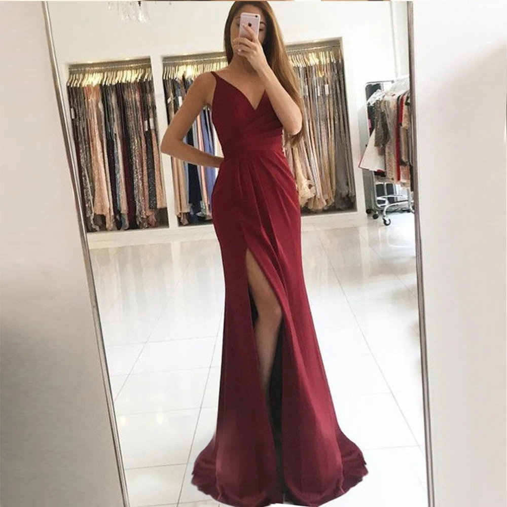 

Bbonline 2020 Sexy High Slit Prom dresses Hot Sale V-Neck Evening Dresses Long Burgundy Satin Evening Gown Formal Party Dresses