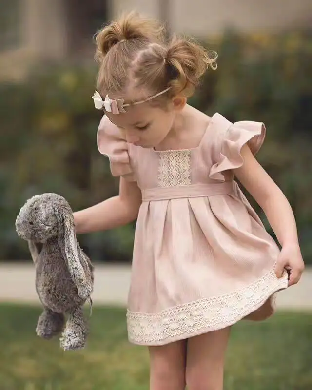 ; новое летнее платье для девочек; розовое кружевное мини-платье принцессы с расклешенными рукавами; детская одежда; EG003