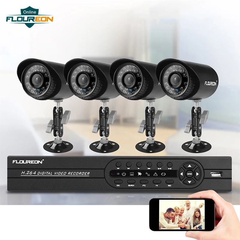 

FLOUREON 1Set 4CH 1080N AHD DVR Kit + 4pcs IP66 Waterproof 1500TVL 720P Cameras CCTV Security System Video Surveillance Kit
