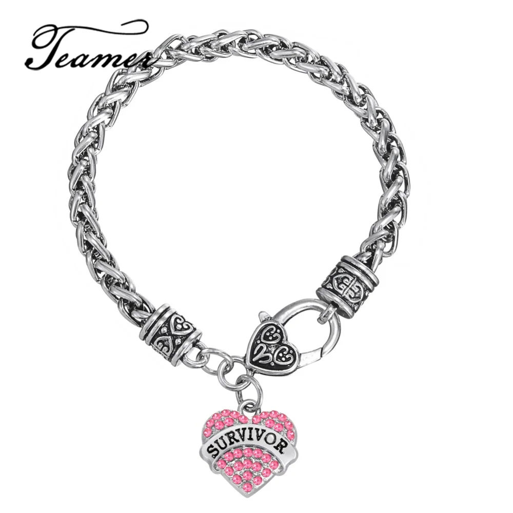 

Teamer Brand Survivor Breast Cancer Pink Ribbon Crystal Heart Charm Bracelet Jewelry Gift Antique Silver Color Link Wheat Chain