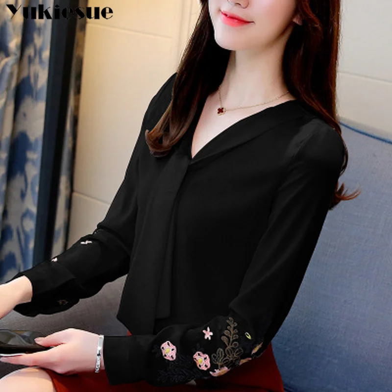 طويل كم التطريز بلوزة شيفون إمرأة قمم و البلوزات قميص 2019 مكتب سيدة قميص المرأة قمم blusas المؤنث بلوزة