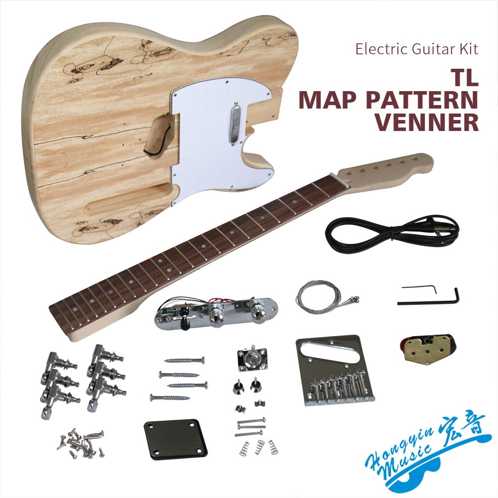 TL стиль электрогитара DIY Kit Spalted клен шпон бас дерево тело жесткий клен шеи палисандр гриф набор