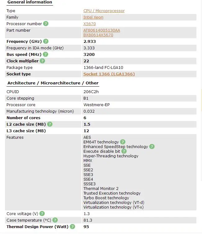 Процессор Intel Xeon X5670(12 Мб кэш-памяти, 2,93 ГГц, 6,40 GT/s Intel QPI) LGA1366 компьютерный серверный процессор