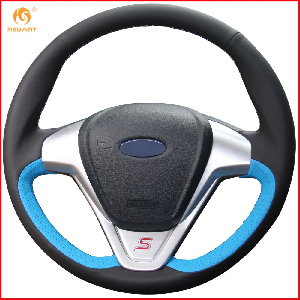 MEWANT Light Blue Black Genuine Leather Car Steering Wheel Cover for