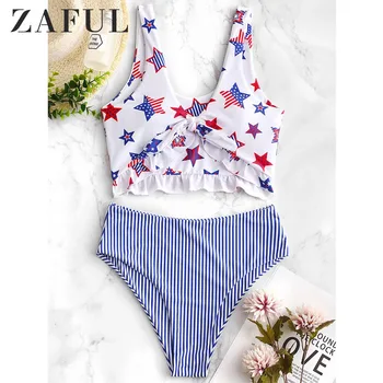 

ZAFUL Bikini American Flag Tied Plunging Tankini Women Beach Swimwear Push Up High Waisted Bikini Padded Ruffles Swimsuit 2019