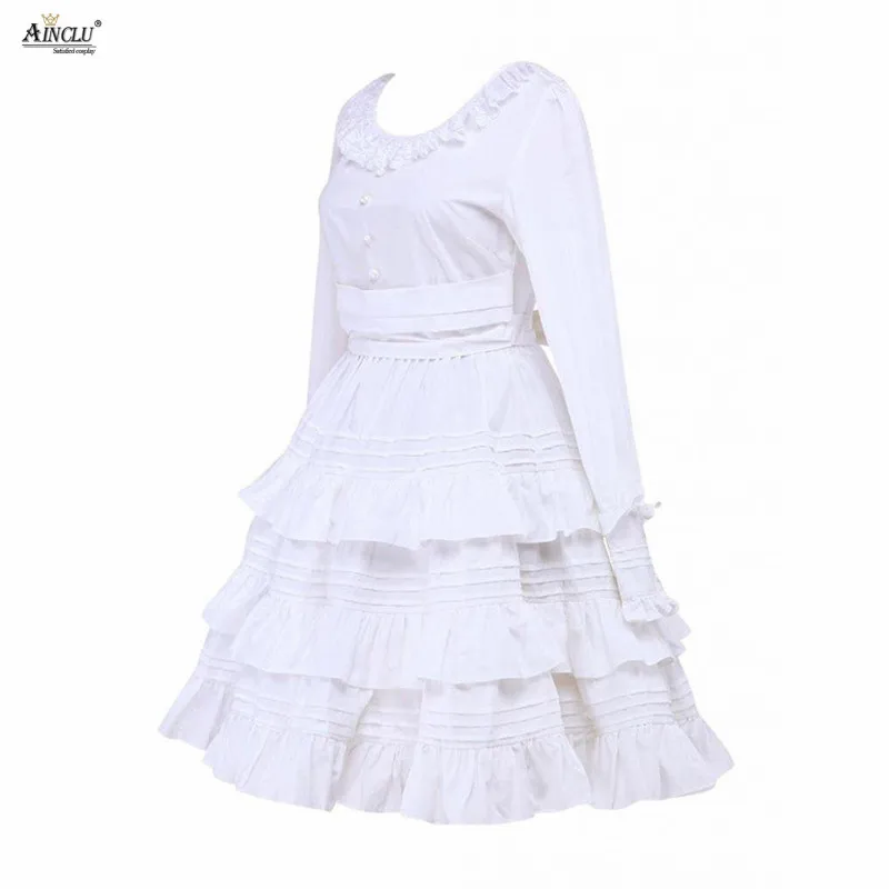 Женское белое хлопковое платье с оборками и длинными рукавами, милое платье средней длины в Стиле Лолита, цельное платье