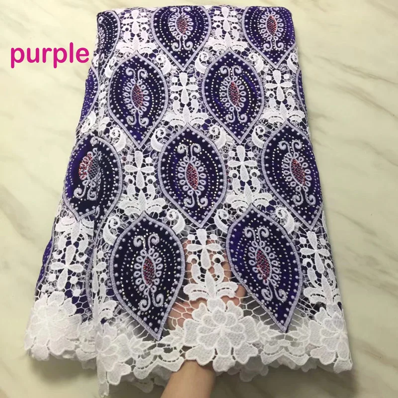 

Free shipping (5yards/pc) purple white African guipure lace fabric with velvet lace and stones high qualit for party dress CWS91