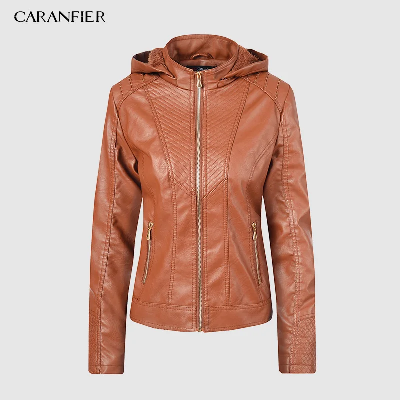 

CARANFIER 2019 Faux Leather Jacket Women Hoodies Winter Autumn Motorcycle Jacket Brand Plus Velvet Faux Leather Jackets S-XL