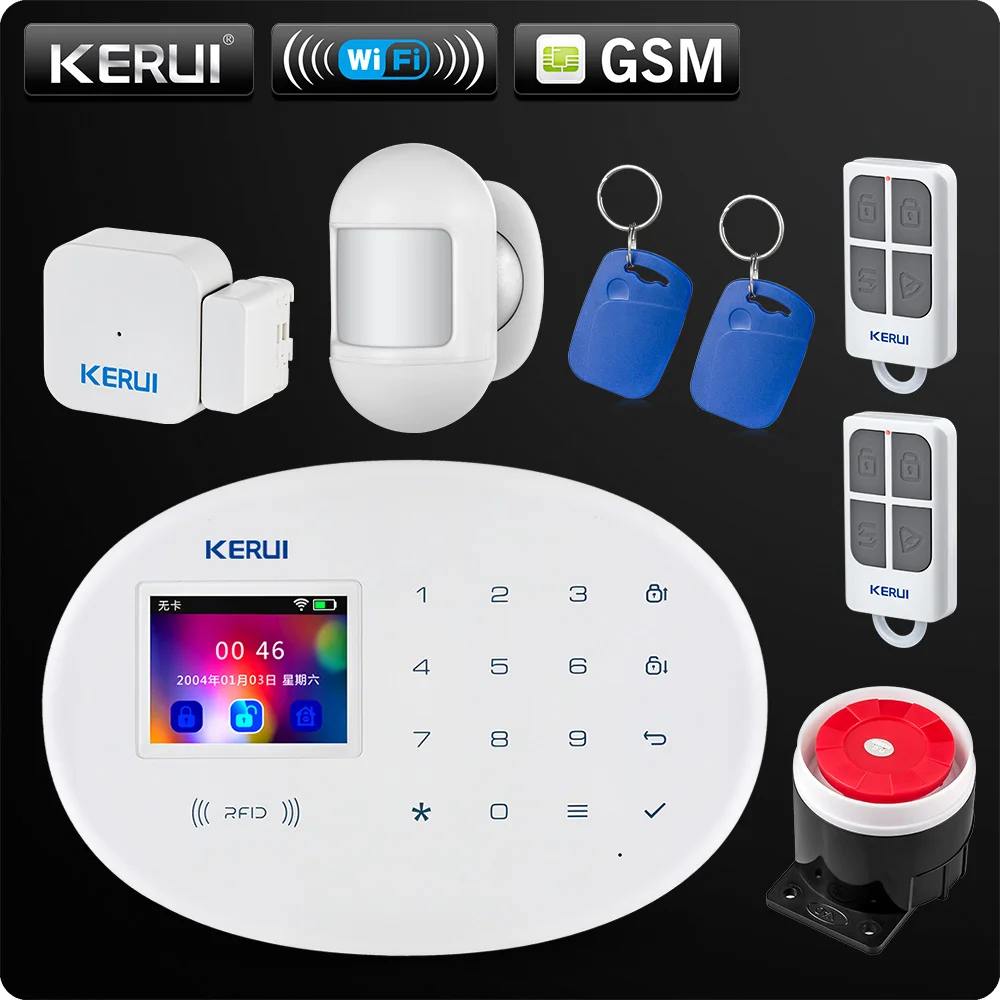 KERUI W20 GSM Wifi сигнализация 2,4 дюймов Сенсорная панель WiFi GSM охранная сигнализация приложение RFID мини подвижный PIR датчик сирена
