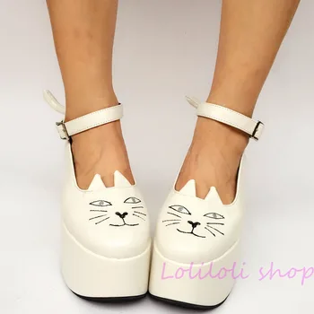 

Princess sweet lolita shoes Lolita Japanese design customized special shaped white matte cat buckle platform shoes an1246