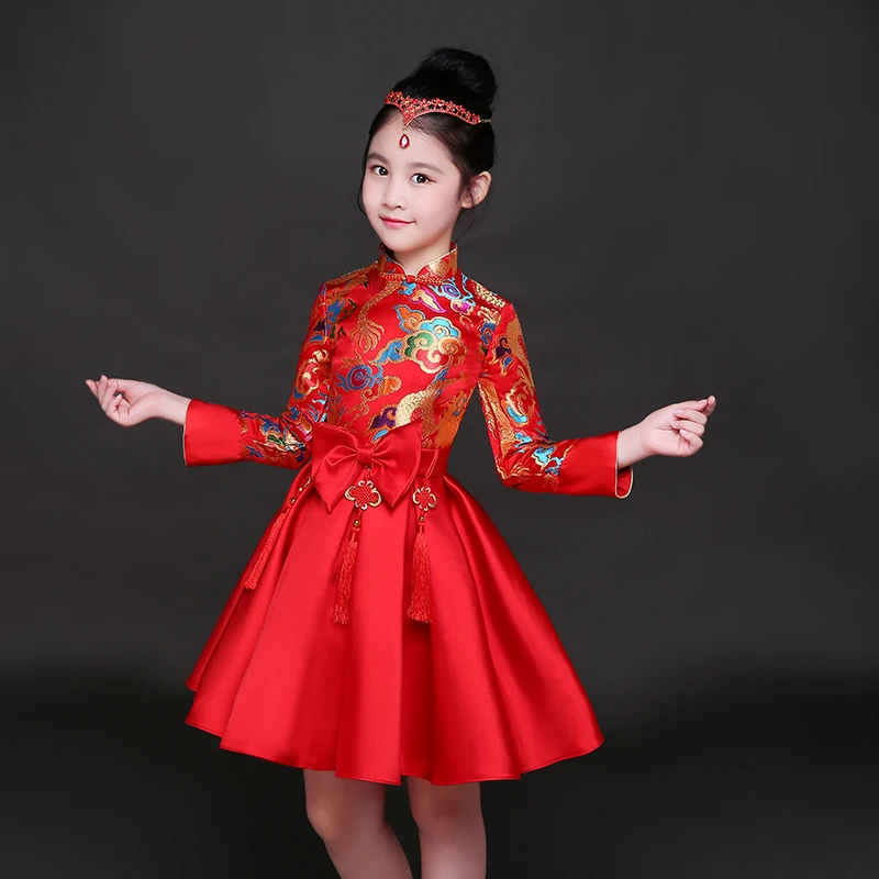 Детское платье принцессы cheongsam; платье для девочек; ретро-костюмы в китайском стиле; одежда для выступлений в китайском стиле; платье для приема