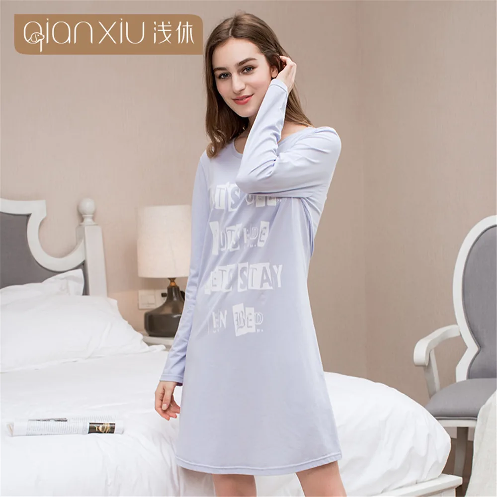 

Qianxiu Female Long Nightgown Cotton Autumn Women Home Clothing Sleep Lounge Sleepwear Lady Nightshirt Girl Fashion Leisure