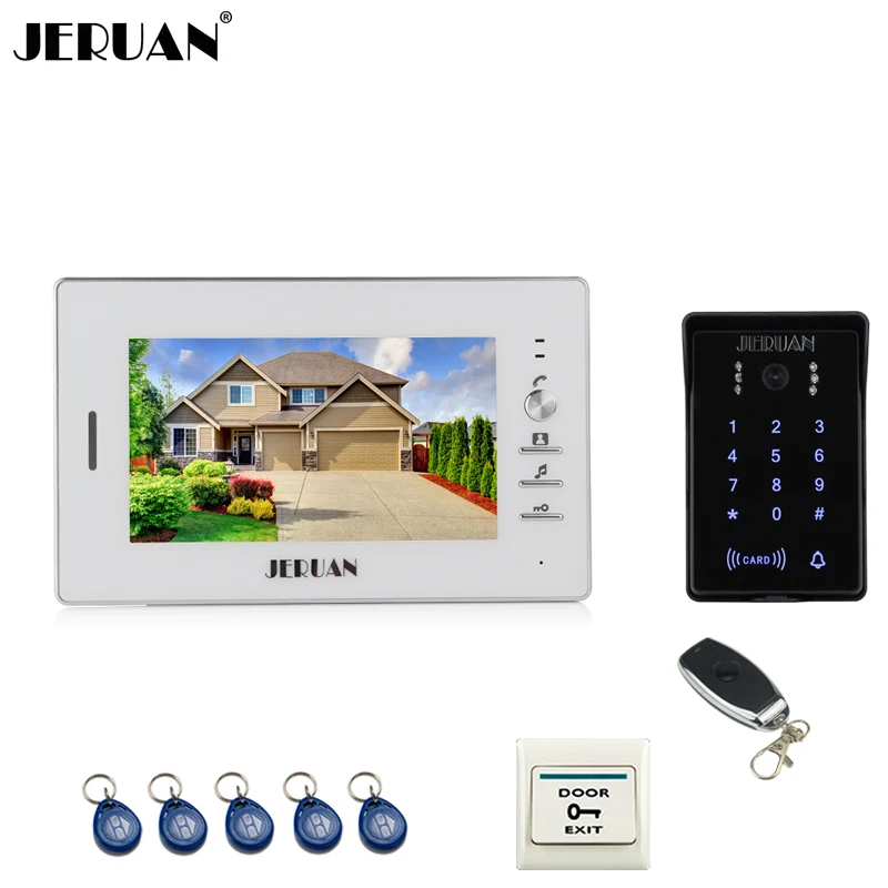 JERUAN Home wired 7`` LCD video door phone intercom system 700TVL RFID waterproof touch key password keypad camera FREE SHIPPING