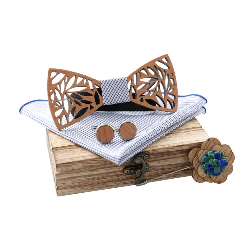 ShenRun деревянный галстук-бабочка галстук платок набор мужской клетчатая галстук-бабочка деревянный полый резной вырезанный цветочный дизайн и коробка Мода Новинка Галстуки - Цвет: T301-C10