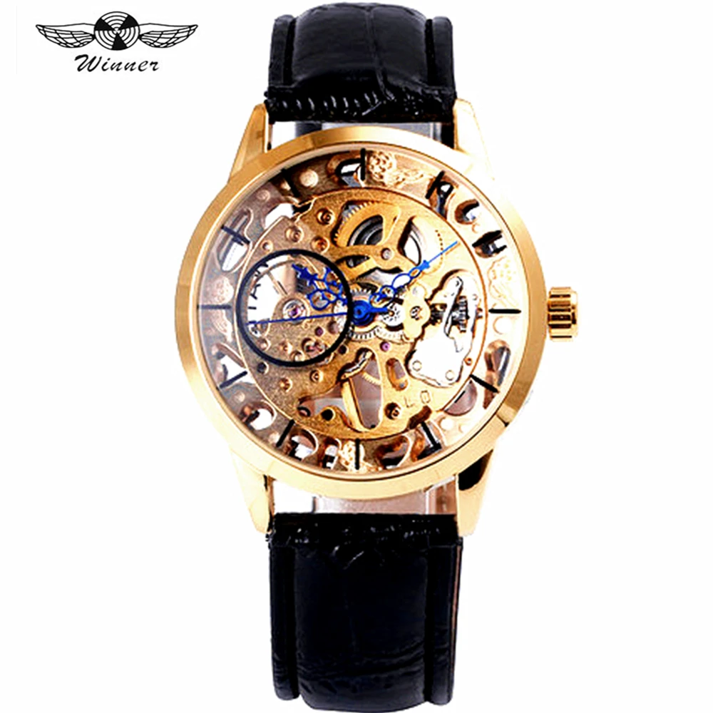Winner Brand Men Hand-wind Mechanical Watch Blue Hands Skeleton Dial Gold Luxury Clock