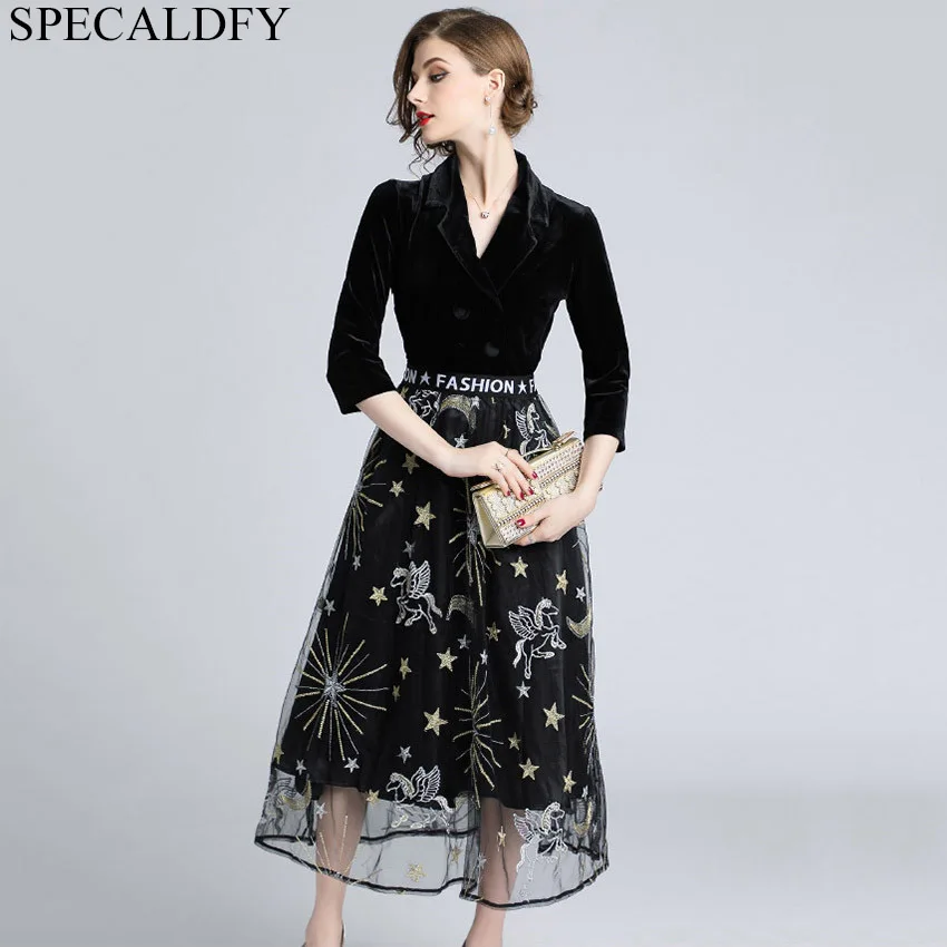 

2018 Winter Dress Women High Quality Fashion Black Velvet Dress Ladies Embroidery Mesh Dress Designer Runway Dresses Robe Femme