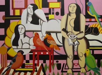 

Modern handmade abstract painting woman and birds on oil canvas for living room decor and wallpaper