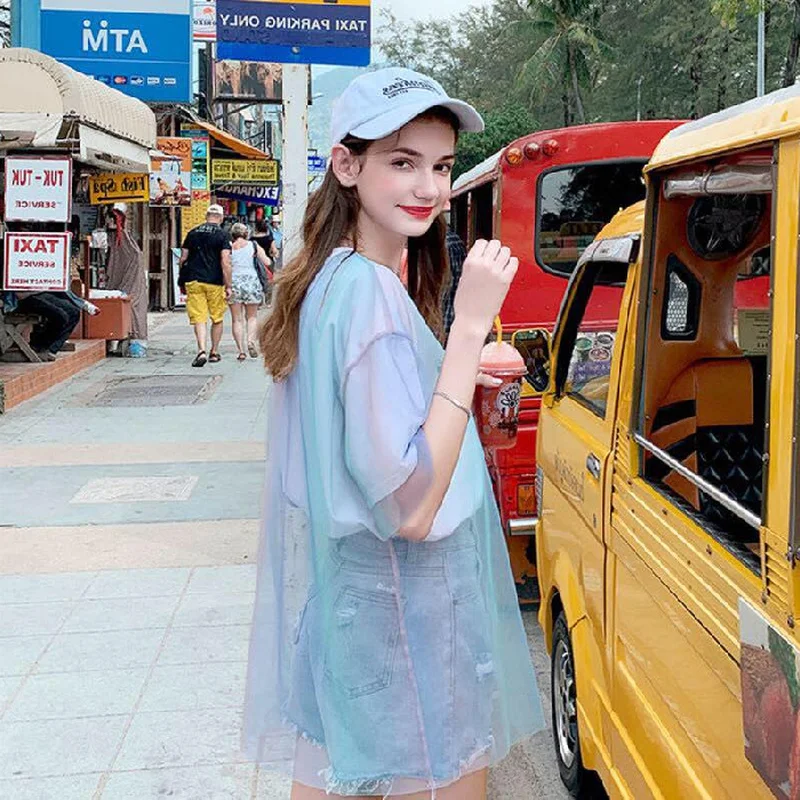 

Summer Color Gradient Contrast Female Tee Shirt Mesh Patchwork O Neck Loose Casual Chic 2019 Streetwear Girls Top