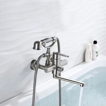 

Brushed Nickle Bathtub Faucet Mixer Tap Telephone Style With Sprayer Hand Shower Rotate Long Spout tub Bathroom Faucet hot&Cold