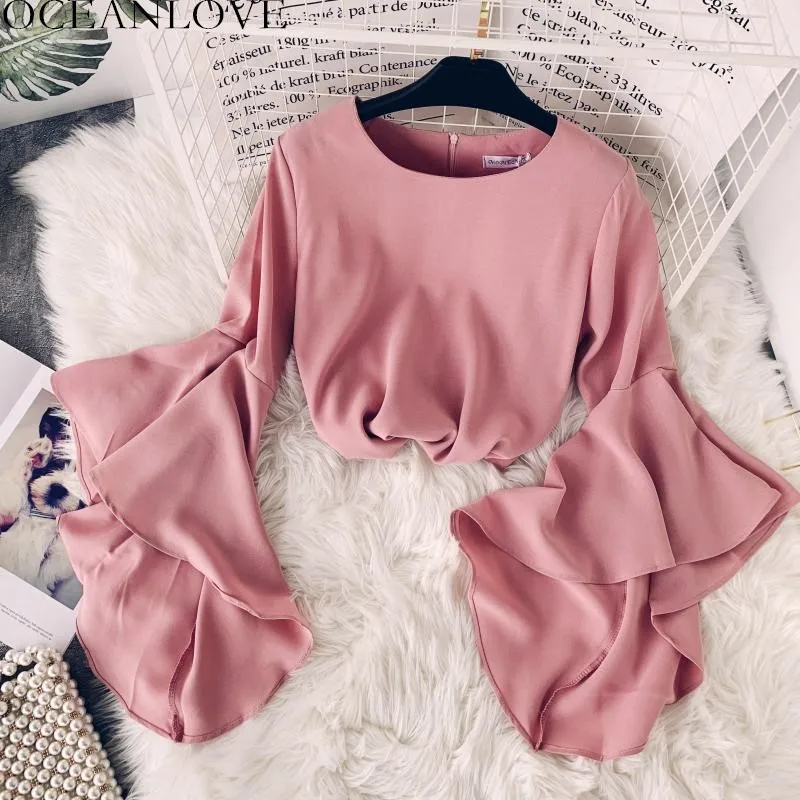 

OCEANLOVE Solid Chiffon Blusas Mujer De Moda 2019 Zipper Elegant Summer Flare Sleeve Chiffon Blouses Women Ruffles Shirts 12504