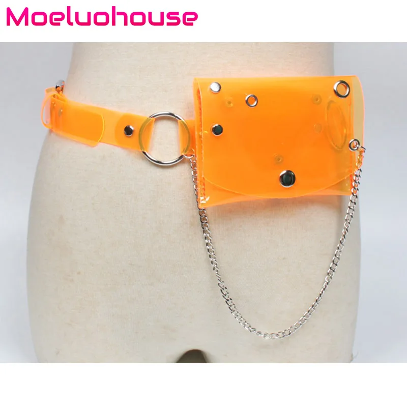 

Moeluohouse Rivet Chain Transparent Waist Fanny Packs Bag Female Women Girl Adjustment Belt Hasp Solid PU Korean Style Casual
