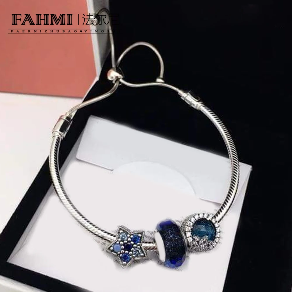 

FAHMI 100% 925 Sterling Silver Sweet Crystal Elegant Ocean Heart Bracelet Set Original Women's Jewelry Gift Adjustable