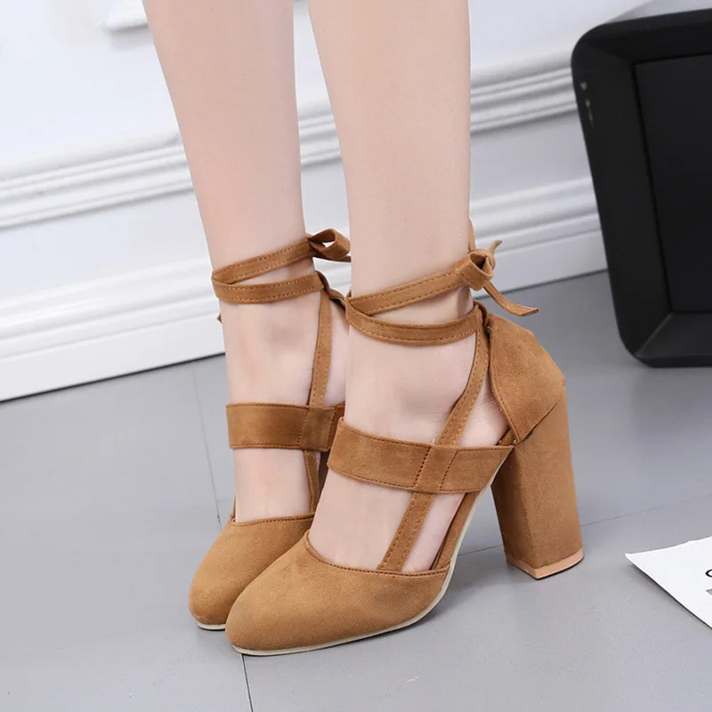 

2018 New Young Ladies Sweet Thick Square Heel Shoes Lace-up Cross Strappy Dress Pumps Mary Janes Suede Shoes Pink Red Blue Black
