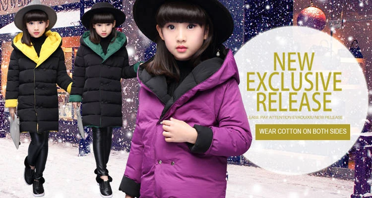 New Girls' cotton coats, long thick padded cotton suits, big boys and girls, wearing cotton jackets on both sides