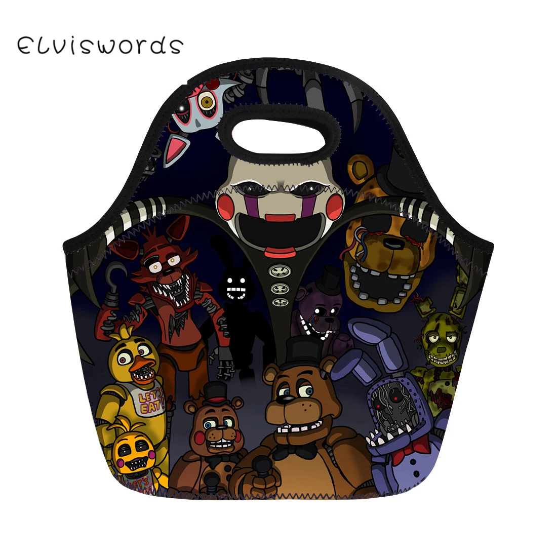 ELVISWORDS Five Nights at Freddys обеденная сумка Симпатичные неопреновые водонепроницаемые коробки для обеда для женщин Tote для девочек Pinic контейнер для закусок