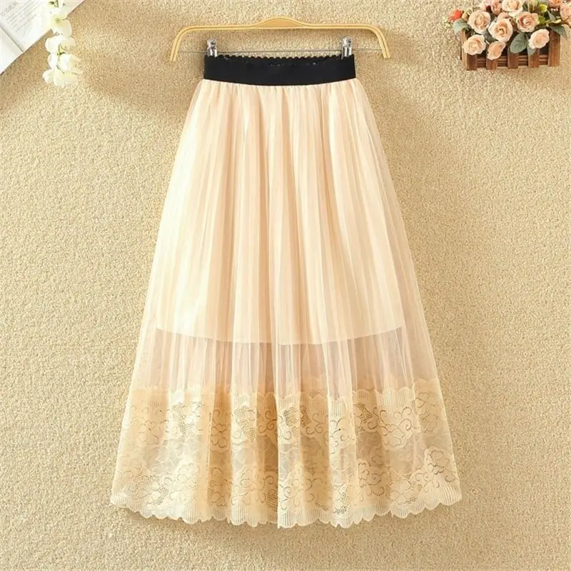 

Korean Women Midi Pleated Skirt New 2019 Spring Summer Fashion Patchwork Lace Elastic High Waist Mesh Female Tutu Skirt P028